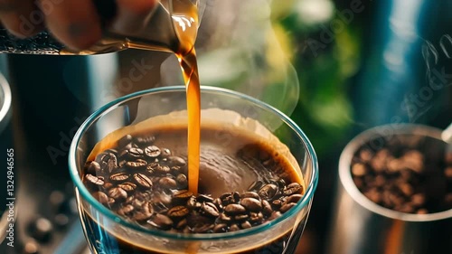Pouring Hot Water Over Freshly Roasted Coffee Beans in a Glass Dripper for a Rich and Aromatic Brew