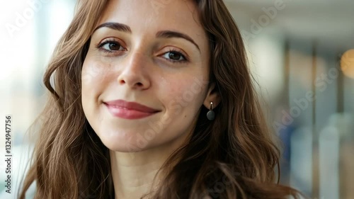 Professional Young Businesswoman with Confident Smile in Modern Office with Natural Light and Glass Windows