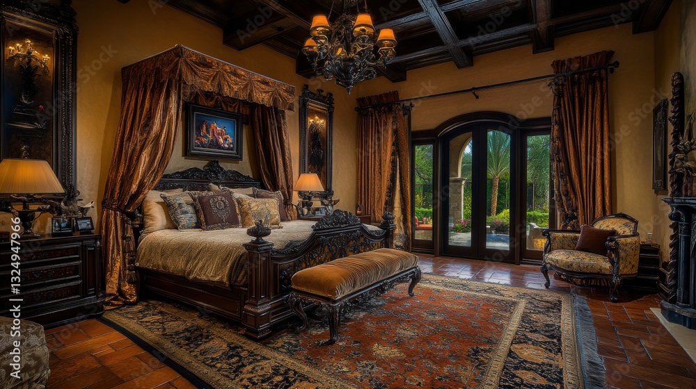 Fototapeta premium Elegant Bedroom with Soft Silk Drapes and Ambient Light