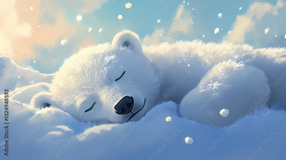 Obraz premium A cute little polar bear sleeps in the snow, surrounded by fluffy clouds of white fur. the sunlight shines through the ice crystals on his face. Polar Glow. Illustration