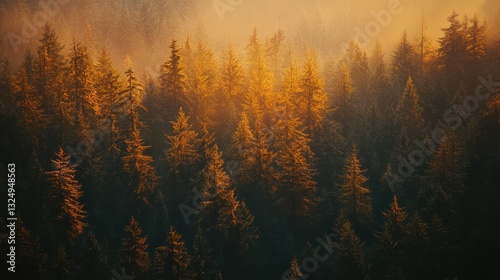 Golden sunlight illuminates a dense forest of tall evergreen trees