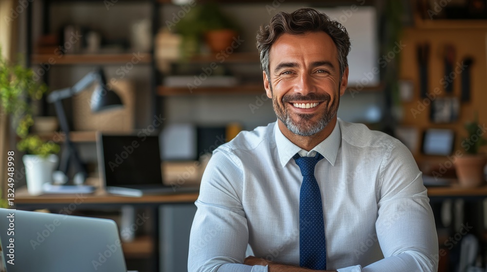 A close-up front view of a happy businessman in an elegant office, his desk featuring a laptop, a penholder, and a cup of coffee A close-up front view of a happy businessman in an elegant office, his desk featuring a laptop, a penholder, and a cup of coffee