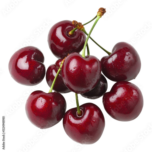 A cluster of shiny, ripe cherries with vibrant red skin and green stems.