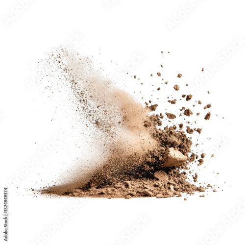 A dynamic explosion of dust and particles, creating a striking visual effect that conveys motion and energy.