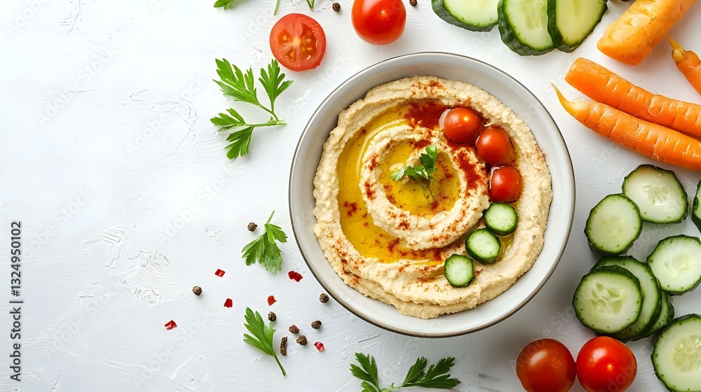 Plate with delicious hummus and fresh vegetables Plate with delicious hummus and fresh vegetables