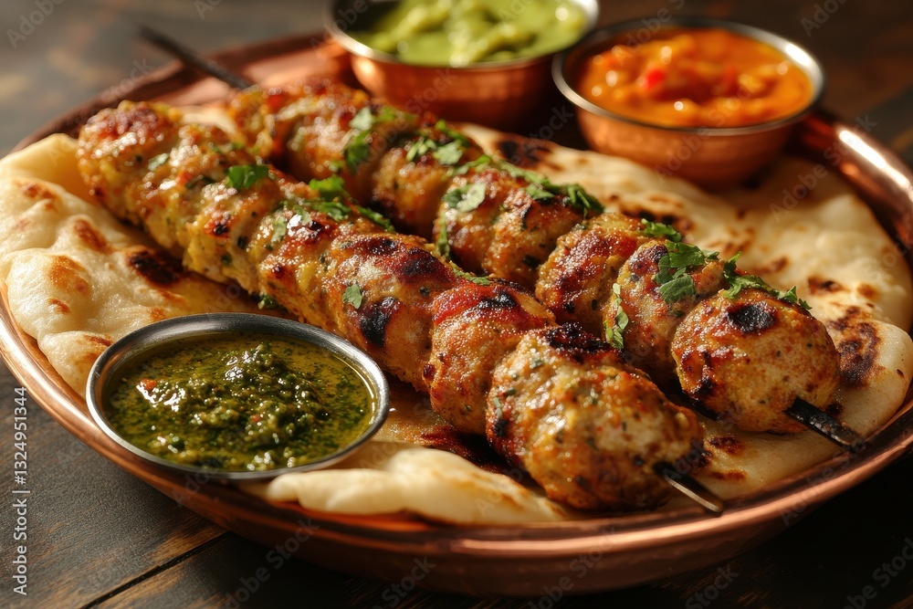 Savory grilled kebabs served with fresh chutneys and flatbread in an Indian dining setting during an evening gathering Savory grilled kebabs served with fresh chutneys and flatbread in an Indian dining setting during an evening gathering