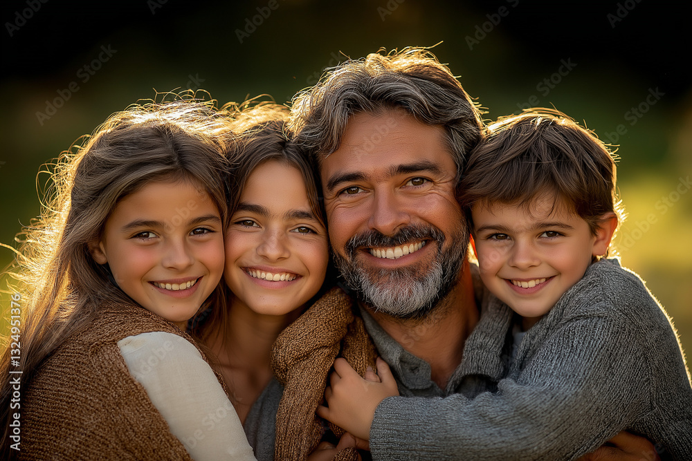 A joyful family of four posing together, with the father carrying his wife on his back while their children smile beside them, set against a backdrop of green grass and trees A joyful family of four posing together, with the father carrying his wife on his back while their children smile beside them, set against a backdrop of green grass and trees