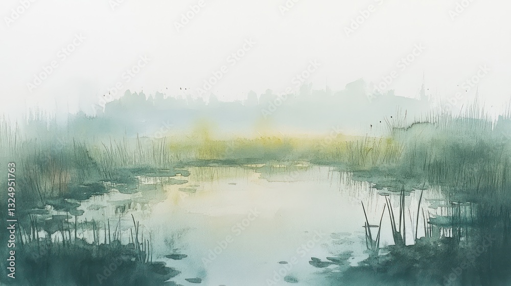A misty watercolour painting of a serene marsh landscape