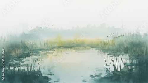 Obraz na płótnie A misty watercolour painting of a serene marsh landscape w salonie