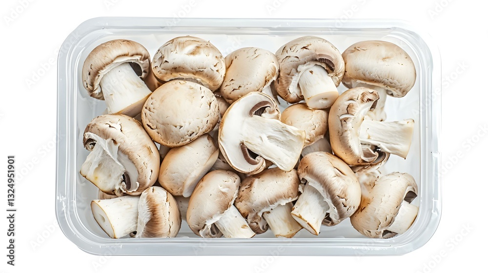 Fresh champignons in plastic packaging isolated