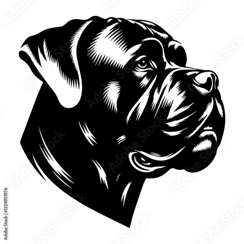 Cane corso's head is a black and white logo. EPS vector graphics.
