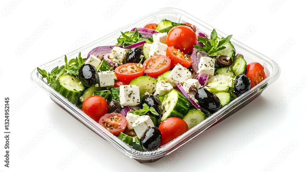 Greek Salad in Plastic Container Isolated on White Background Greek Salad in Plastic Container Isolated on White Background