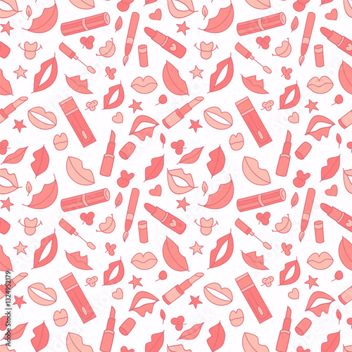 Lips and lipstick. Vector seamless pattern with lips, lipstick, hearts and stars.