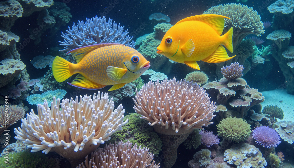 Obraz premium Colorful parrotfish swimming among coral reefs, underwater ecosystem