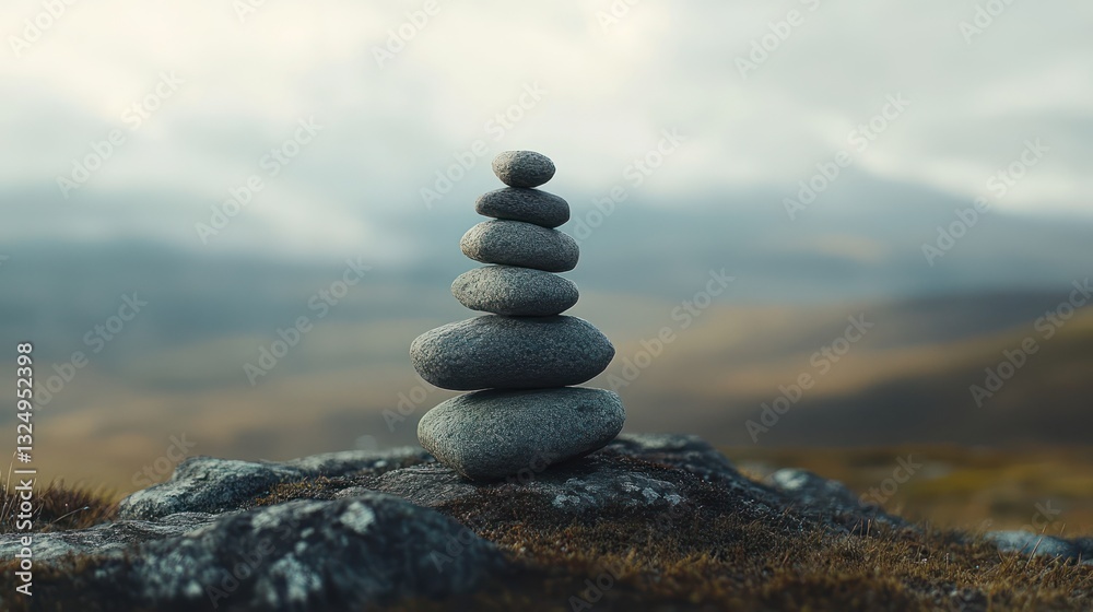 A balanced tower of stones stands peacefully on a rock A balanced tower of stones stands peacefully on a rock
