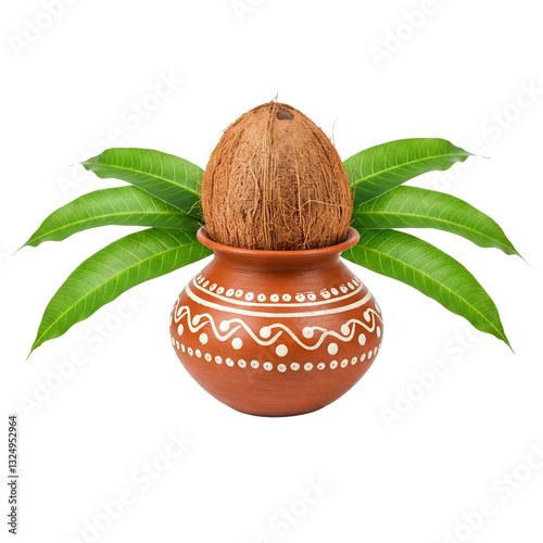 Copper Kalash with coconut, mango leaf, decoration on a white background. Essential in Hindu puja Chaitra Sukhladi photo