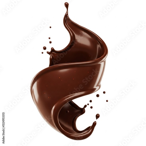 A high-resolution close-up of thick chocolate splashing in mid-air, forming a smooth spiral on a white background. Free space for text. Perfect for ads, web design, banners, and packaging.