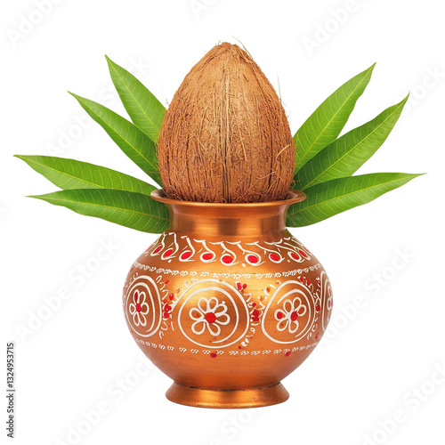 Copper Kalash with coconut, mango leaf, decoration on a white background. Essential in Hindu puja Chaitra Sukhladi
