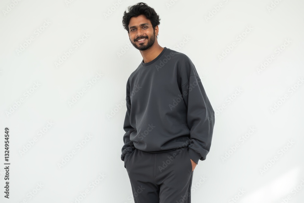 Half-Length (Waist-Up) portrait of young stylish smiling Indian male model in futuristic wear isolated on pure white background looking at camera Half-Length (Waist-Up) portrait of young stylish smiling Indian male model in futuristic wear isolated on pure white background looking at camera