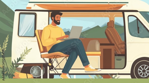 Indian man sitting working on laptop inside camper van. Remote work and freelancing. Tourism and travel. Banner, advertisement. Digital nomad and freelance