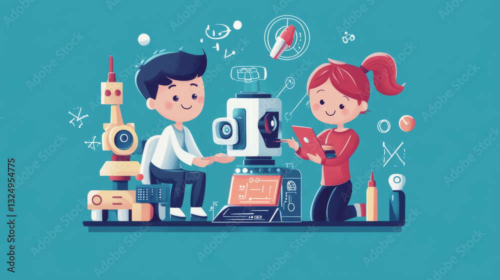 Frame in electronic tech style for kids educational. Child computer online learning STEM subjects. Empty border with tech doodles in teens style. Boy, girl making robot and software for controls him.