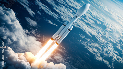 Fototapeta Naklejka Na Ścianę i Meble -  heavy reusable launch rockets into space. Heavy rocket separation stages. Reusable stage rocket return to earth. The spaceship comes on to the earth's orbit. Falcon. USA reusable rocket in space