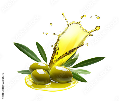 Green olives with twigs in olive oil splashes isolated on transparent background.