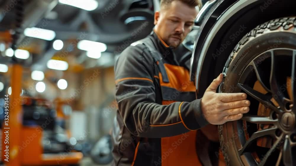 Tire installation, worker with wheel, auto shop, garage, technical service scene. Tire installation, worker with wheel, auto shop, garage, technical service scene.