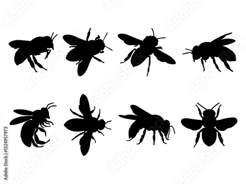 Set of Honey Bee Silhouette in various poses isolated on white background