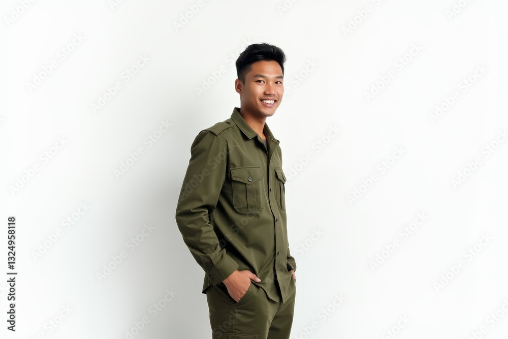 Half-Length (Waist-Up) portrait of young stylish smiling Indonesian male model in military wear isolated on pure white background looking at camera Half-Length (Waist-Up) portrait of young stylish smiling Indonesian male model in military wear isolated on pure white background looking at camera