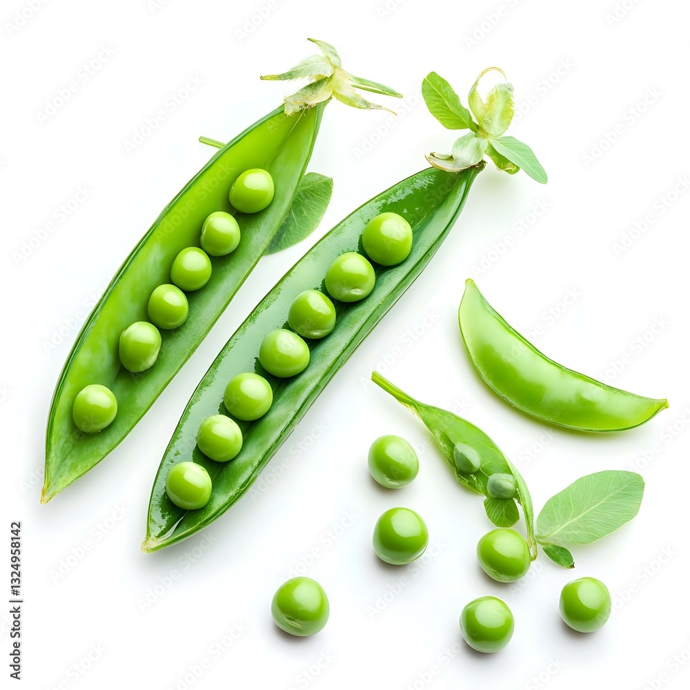 pea pods and single fresh green peas isolated