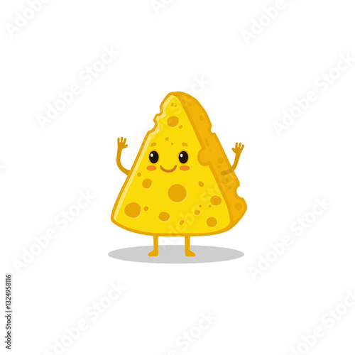 Cute cartoon slice of cheese isolated on white. Cheese character in doodle style. Food illustration. Vector