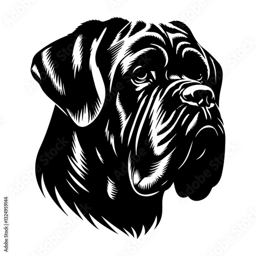 Cane corso's head is a black and white logo. EPS vector graphics.