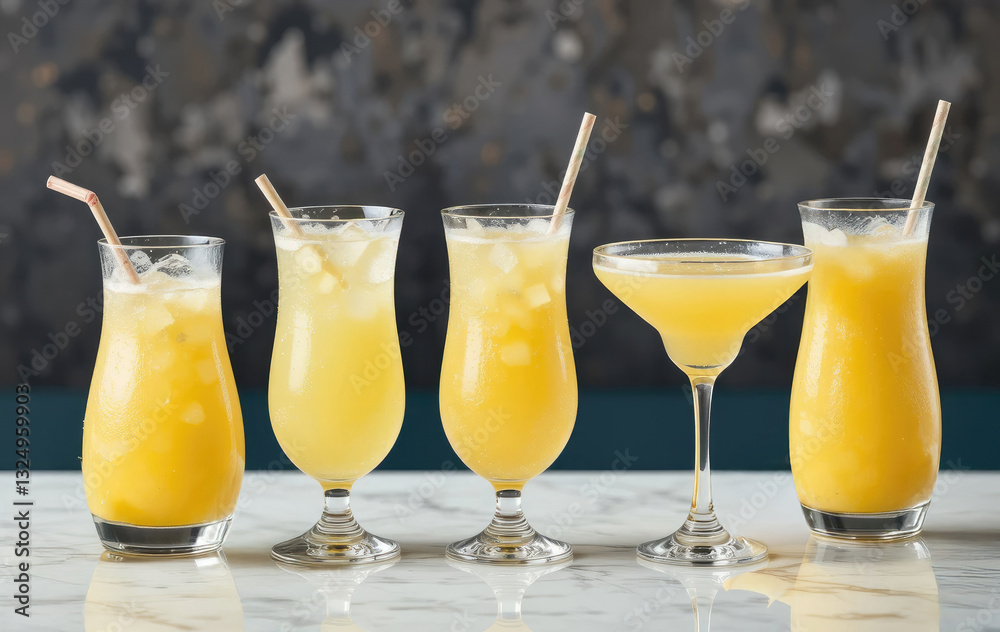 Refreshing Yellow Cocktails with Ice and Straws on Marble Counter Refreshing Yellow Cocktails with Ice and Straws on Marble Counter