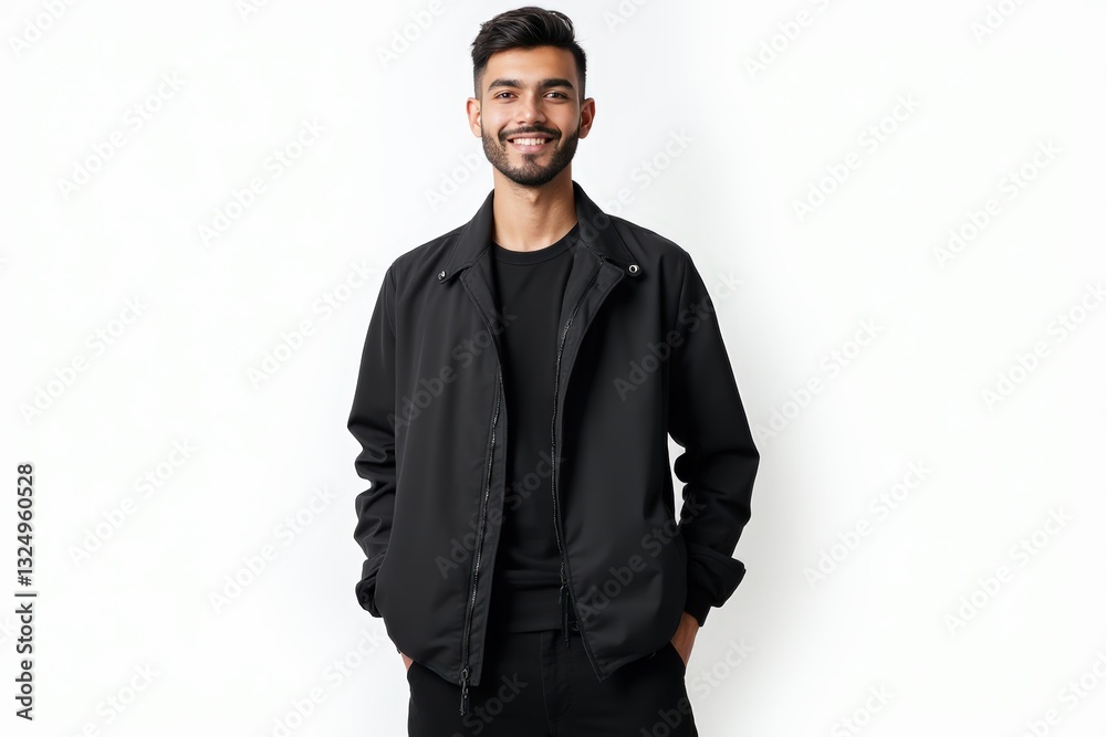 Fototapeta premium Half-Length (Waist-Up) portrait of young stylish smiling Iranian male model in goth wear isolated on pure white background looking at camera