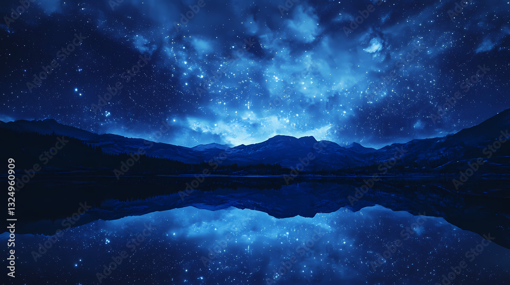 Naklejka premium A double exposure of a landscape and a starry sky in deep blue tones with copy space is shown. Astral Luster. Illustration