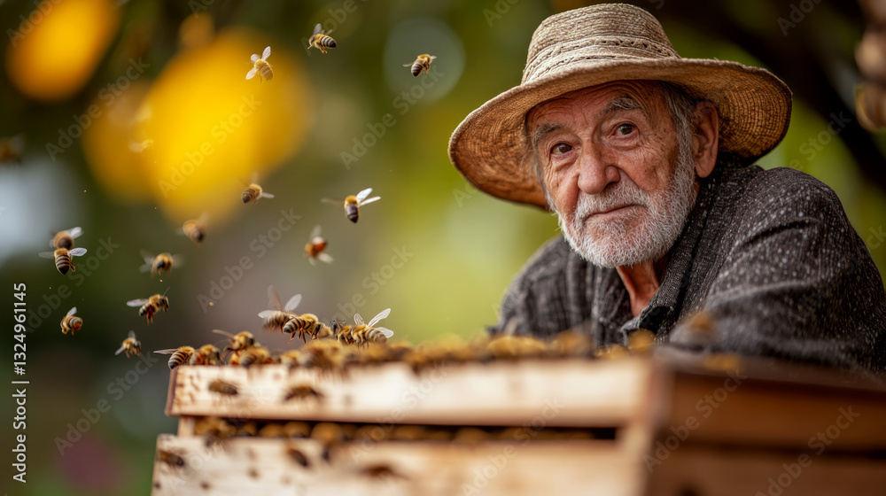 Old man in hat watching bees swarm around wooden beehive outdoors. Concept of beekeeping, nature, agriculture. For a photo about beekeeping practices.