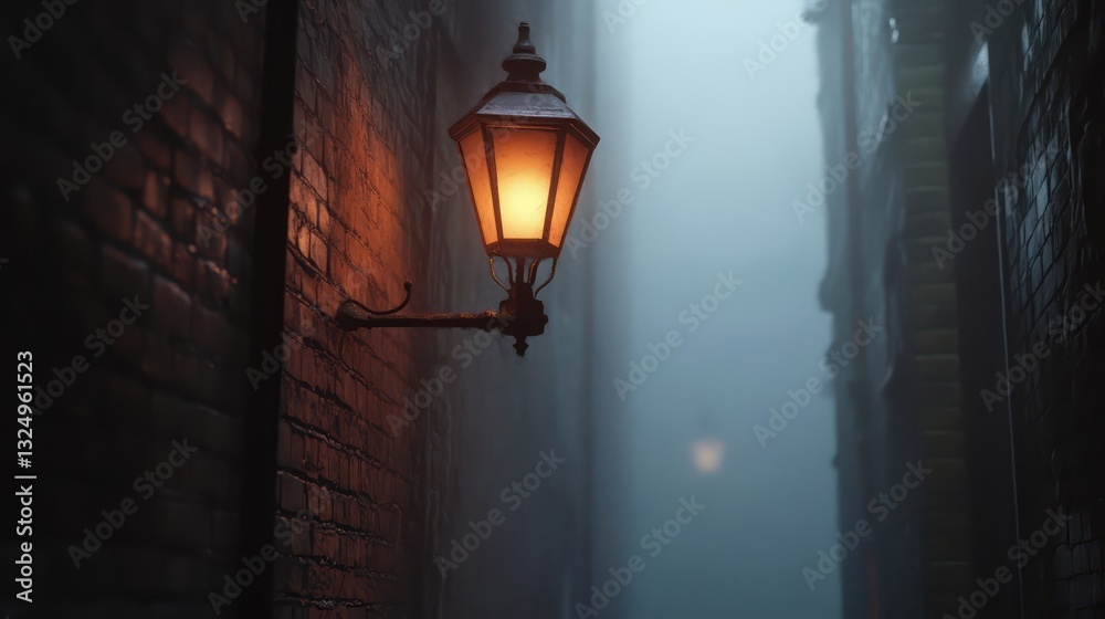 A glowing lantern illuminates a misty brick alleyway at night A glowing lantern illuminates a misty brick alleyway at night
