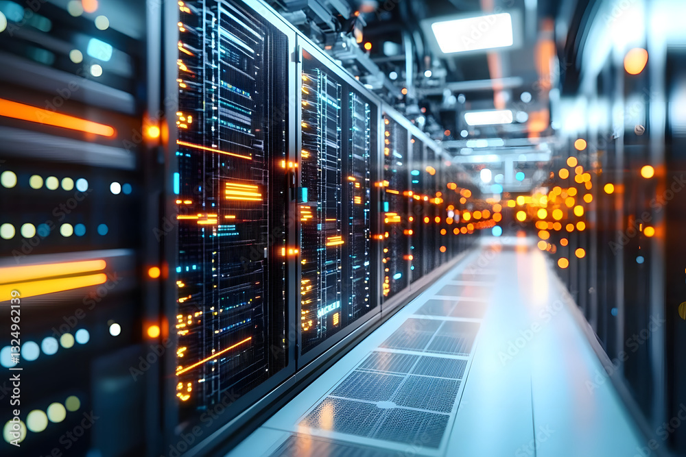 A modern data center featuring several rows of high-tech server racks with various blinking lights, network cables, and cooling ducts in a well-lit environment. A modern data center featuring several rows of high-tech server racks with various blinking lights, network cables, and cooling ducts in a well-lit environment.