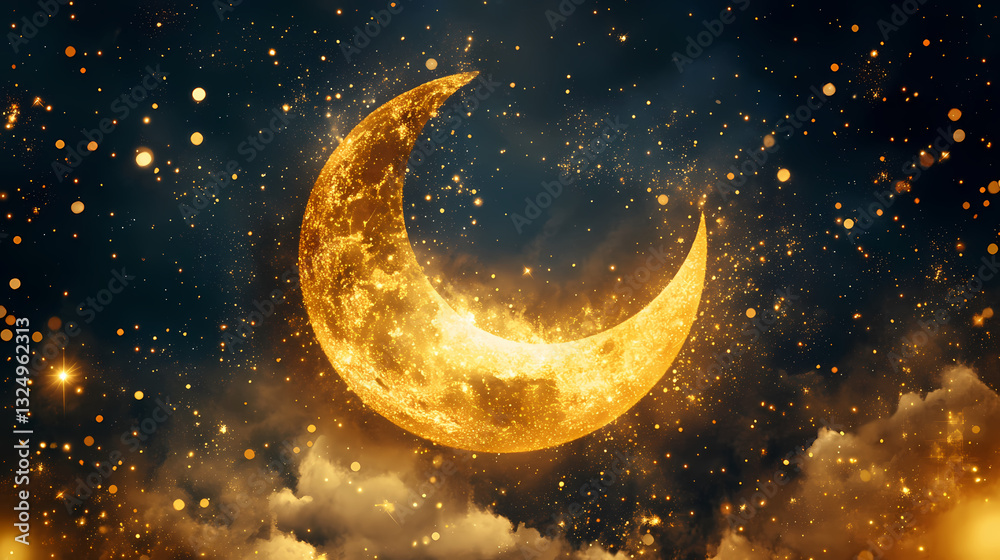 Fototapeta premium Celestial night: golden crescent moon and sparkling stars. Astral Luster. Illustration