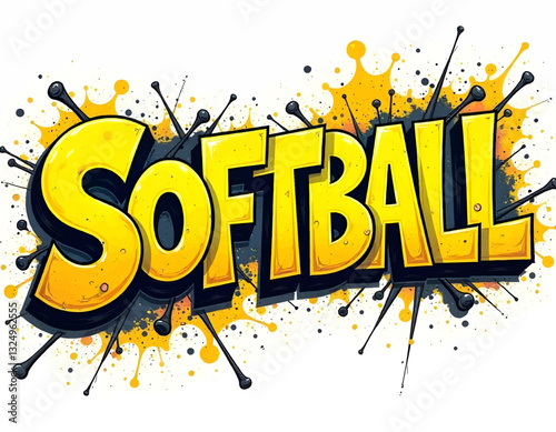 Retro Softball lettering design with ball, graffiti style sport text design, Pop art Softball wording on red background art