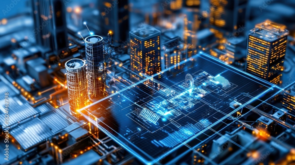 Obraz premium Urban cityscapes futuristic tech for smart power grid management