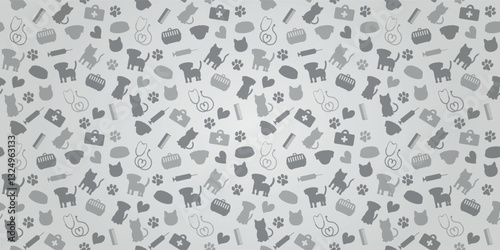 Vet Background - Silhouettes of Pets and Veterinary Items with Gradient in White and Gray Tones. Rectangular Background.