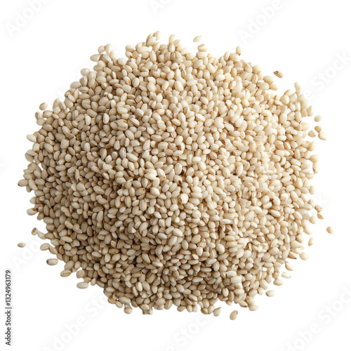 A mound of sesame seeds, small and beige, showcasing their round shape and fine texture.
