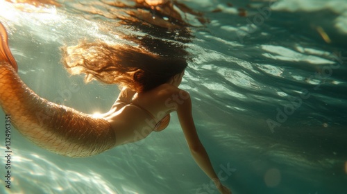 Professional mermaid performer swimming gracefully underwater in a natural setting during daylight hours