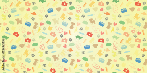 Colorful Vet Background - Colored Silhouettes of Pets and Veterinary Items on Yellow Gradient Rectangular Background.