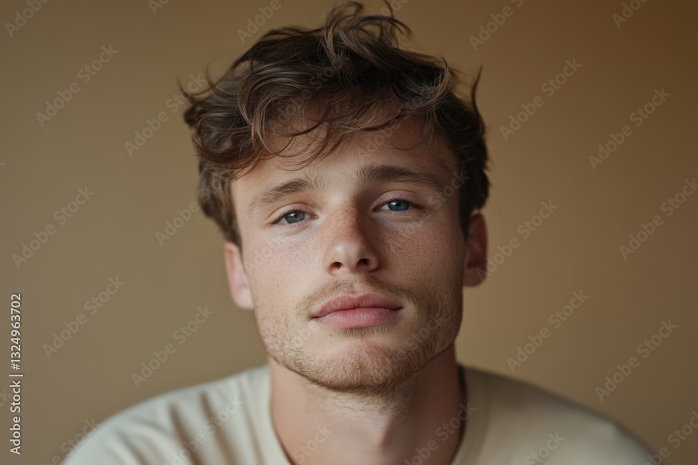 Fototapeta premium Young shy man with soft expression gazes thoughtfully against a warm background