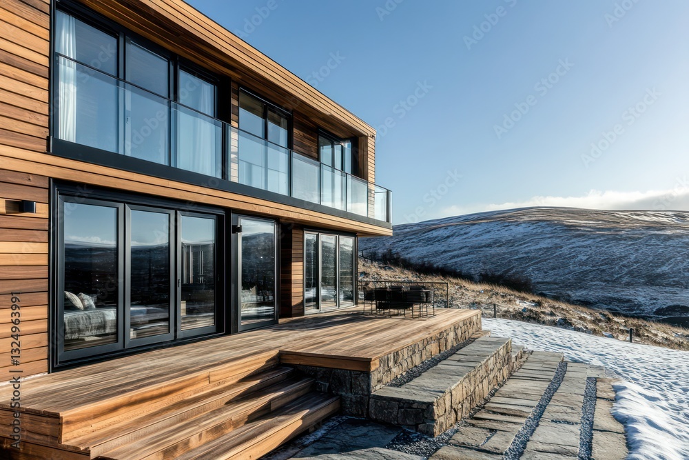 Obraz premium A chic cabin in the Scottish Highlands, crafted from walnut wood with jet black metal detailing