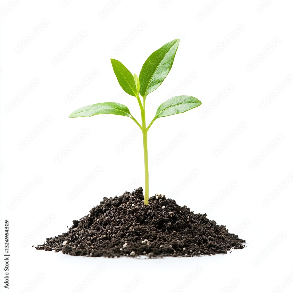 A tiny green sprout emerges from dark soil against a bright white background. New growth and beginnings. A tiny green sprout emerges from dark soil against a bright white background. New growth and beginnings.