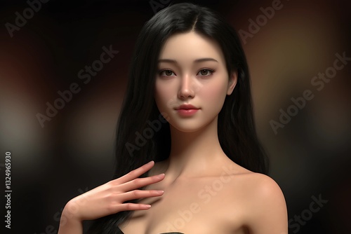 Photorealistic 3D Render of a Japanese Model with Long Hair and High-Fashion Style